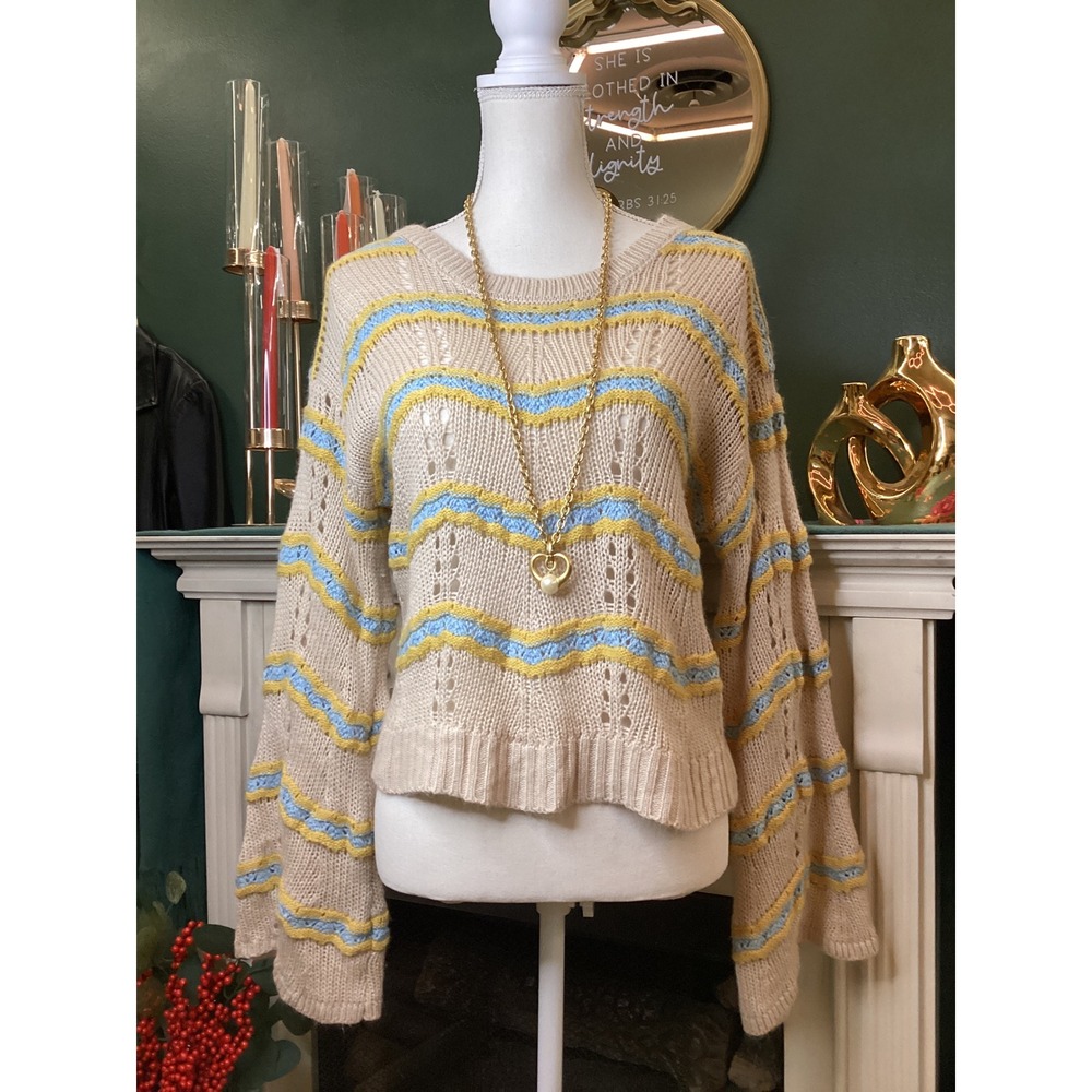Alya Knit Sweater Womens Medium Tan Blue Yellow Excellent Bell Sleeve